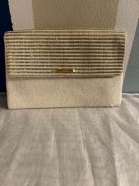 Stella & Dot City Slim Gold Stripe Woven Raffia Envelope Clutch